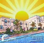 Ilustración artística de la sinagoga Congregation Beth Shalom con un sol radiante en el fondo