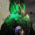 Entrada decorada con una escultura gigante iluminada en verde
