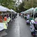 Pasillo central del mercado con vendedores y clientes entre las carpas
