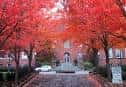 Vista exterior del edificio de West Queen Anne School rodeado de árboles con follaje rojo en otoño