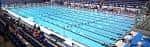 Interior de la piscina olímpica durante un evento competitivo con espectadores