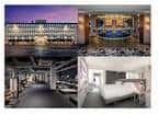 Collage de espacios del YOTEL Edinburgh: fachada nocturna, sala de eventos, pasillo moderno y habitación