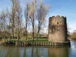 Cow Tower en Norwich rodeado de agua y árboles sin hojas
