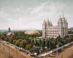 Vista histórica del Temple Square con el Templo de Salt Lake City y el Tabernáculo en un entorno paisajístico