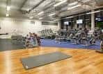 Sala de fitness equipada con máquinas modernas y suelo de madera