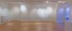 Sala vacía con paredes blancas, iluminación en riel y suelo de parquet