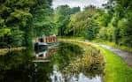Barca tradicional navegando por un tramo sereno del canal entre árboles frondosos