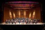Interior del auditorio con orquesta en el escenario durante una actuación