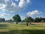 Vista panorámica de los campos verdes y árboles de Washington Park bajo un cielo azul con nubes
