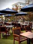 Terraza al aire libre con mesas, sillas y sombrillas azules bajo árboles