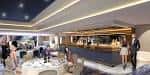 Renderización del interior del salón de eventos con mesas redondas y barra