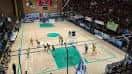 Vista aérea del interior del Pabellón Polideportivo Parque durante un partido de baloncesto