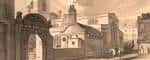 Vista histórica en sepia de la fachada y entorno urbano de St Olave's Church