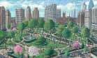 Ilustración artística del parque Rittenhouse Square rodeado de edificios urbanos