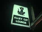 Letrero luminoso del Alley Cat Lounge con silueta de gato negro