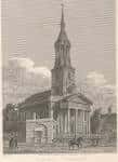 Vista exterior histórica de St Leonard's Church en Shoreditch con su característica torre y columnas