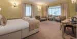 Interior de una suite ejecutiva con cama doble, zona de estar y decoración elegante