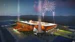 Render arquitectónico del estadio Phoenix Rising Soccer Complex con fuegos artificiales