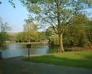 Vista del lago rodeado de árboles y senderos en Hillsborough Park