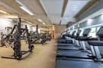 Interior del gimnasio con equipamiento de cardio y pesas