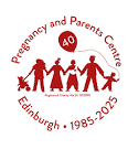 Logotipo del Pregnancy and Parents Centre de Edimburgo con siluetas rojas y celebración de aniversario