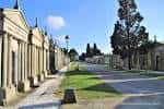 Perspectiva de la calle principal del cementerio con arquitectura funeraria bajo el sol