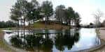 Vista panorámica del lago principal del parque con árboles reflejados en el agua