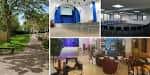 Collage de espacios interiores y exteriores para eventos, incluyendo sala principal, sala de reuniones y jardín.