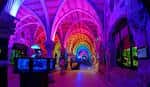 Pasillo abovedado histórico de SEA LIFE Brighton iluminado con luces de colores vibrantes