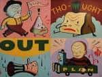 Muestra de arte Lowbrow con cuatro paneles de personajes estilizados