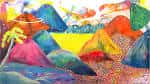 Pintura colorida y abstracta de Zoie Lam con montañas y paisaje tropical