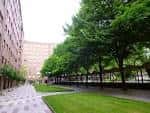 Vista panorámica de la Plaza Simón Bolívar con zonas verdes, árboles y edificios residenciales
