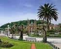 Vista panorámica del Ayuntamiento de San Sebastián enmarcado por jardines y palmeras