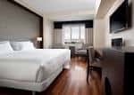 Habitación de hotel moderna con cama doble, suelo de madera y televisor de pantalla plana