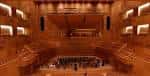 Vista panorámica del interior del auditorio principal con acabados en madera y disposición del escenario