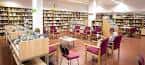 Sala de lectura interior con amplias estanterías de libros y zona de descanso con sillas granates
