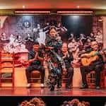 Cuadro flamenco con bailaora, guitarrista y cantaores en el escenario principal