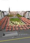 Perspectiva aérea del diseño paisajístico y distribución de la Plaza Cataluña