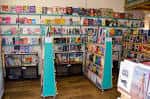 Interior de la Librería Naubis con estanterías de libros y suelo de madera