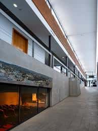 Interior del edificio mostrando un pasillo de diseño contemporáneo con acceso a salas de conferencias