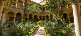 Vista panorámica del patio central con jardines, palmeras y fuente central