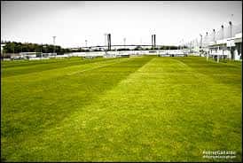Perspectiva a nivel de césped de uno de los campos de entrenamiento de la ciudad deportiva