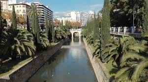 Vista del canal de agua flanqueado por palmeras y vegetación con edificios al fondo