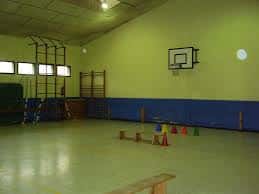 Interior del gimnasio equipado con canasta y material deportivo
