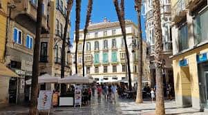 Entorno peatonal de la plaza con hileras de palmeras y edificios tradicionales