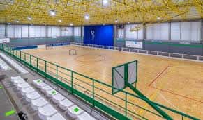 Pista polideportiva interior con pavimento de madera, gradas y equipamiento para baloncesto