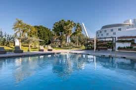 Piscina exterior del hotel con tumbonas y palmeras bajo cielo despejado