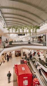 Interior del Centro Comercial Vallsur mostrando las escaleras mecánicas y la decoración con plantas colgantes