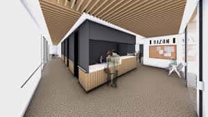 Render de la recepción y zona de espera del nuevo BIZAN Zaramaga