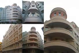 Collage de detalles arquitectónicos del Edificio Tres Torres, mostrando balcones curvos y diseño art decó